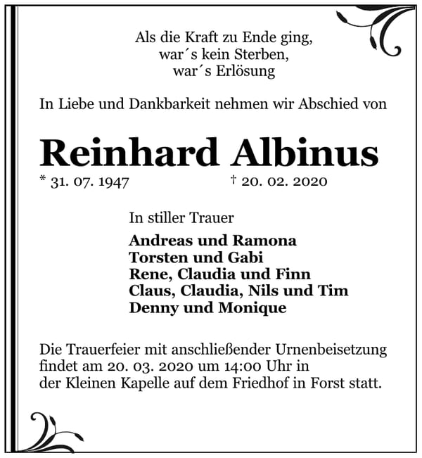 Traueranzeige Reinhard Albinus