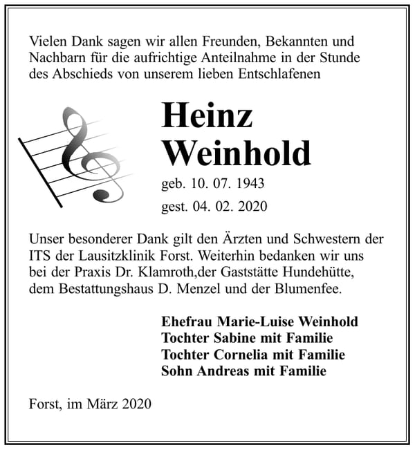 Danksagung Heinz Weinhold
