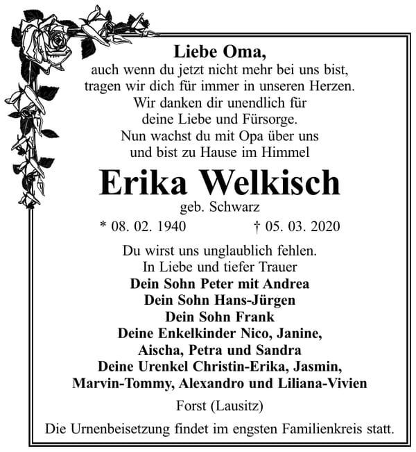 Traueranzeige Erika Welkisch, geb. Schwarz