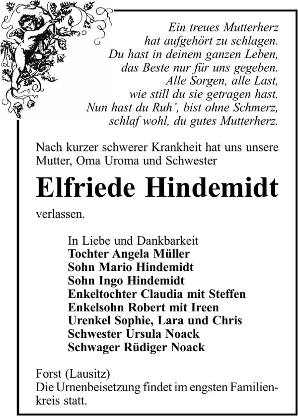 Traueranzeige Elfriede Hindemidt