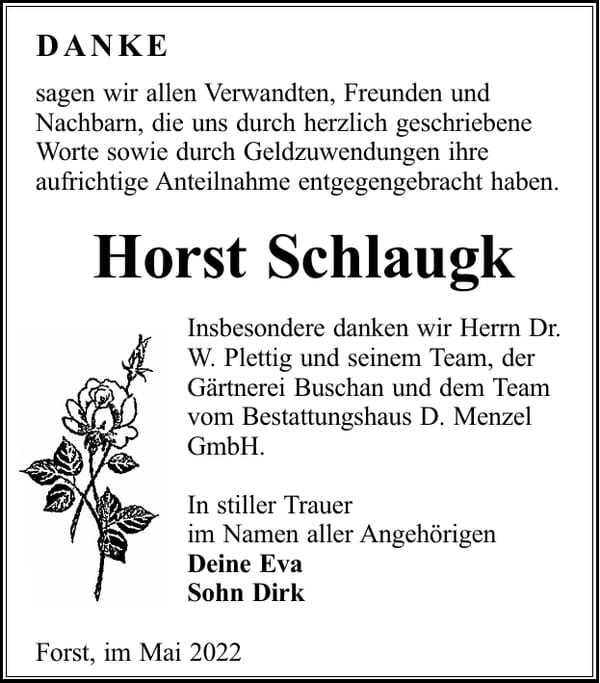 Danksagung Horst Schlaugk