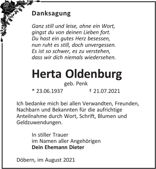 Danksagung Herta Oldenburg, geb. Penk