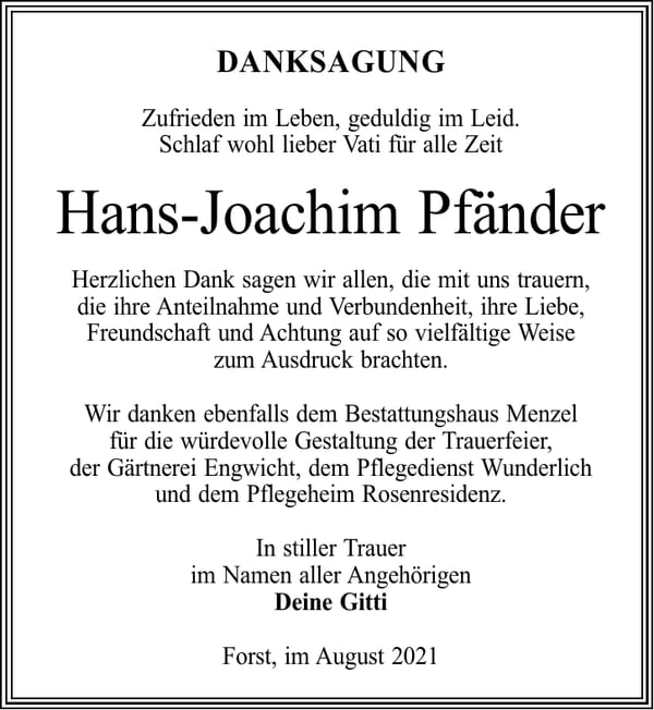 Danksagung Hans-Joachim Pfänder