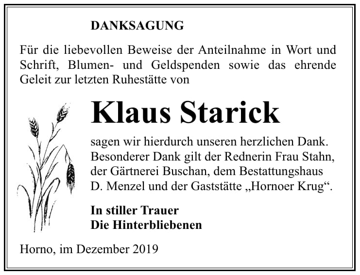 Traueranzeige Klaus Starick