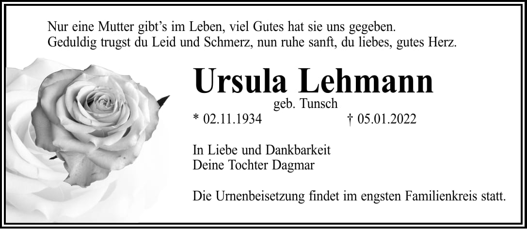 Traueranzeige Ursula Lehmann, geb. Tunsch