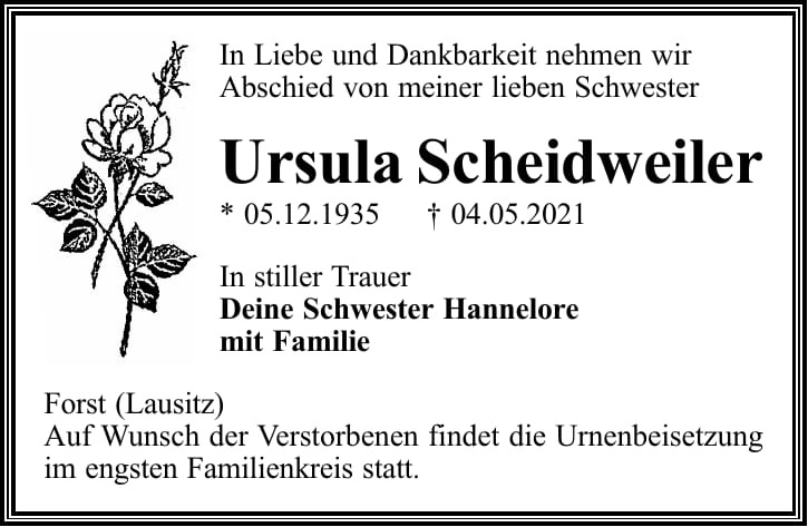Traueranzeige Ursula Scheidweiler