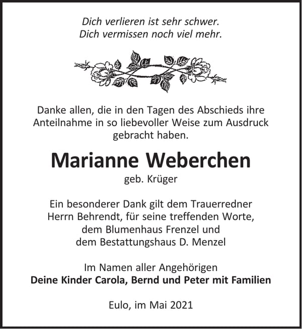 Danksagung Marianne Weberchen, geb. Krüger