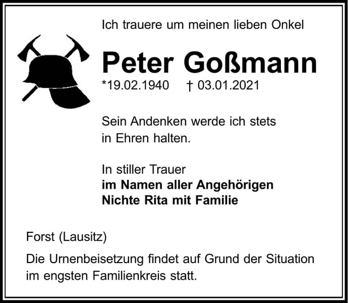 Traueranzeige Peter Goßmann