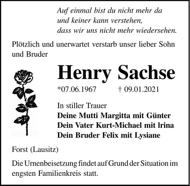 Traueranzeige Henry Sachse