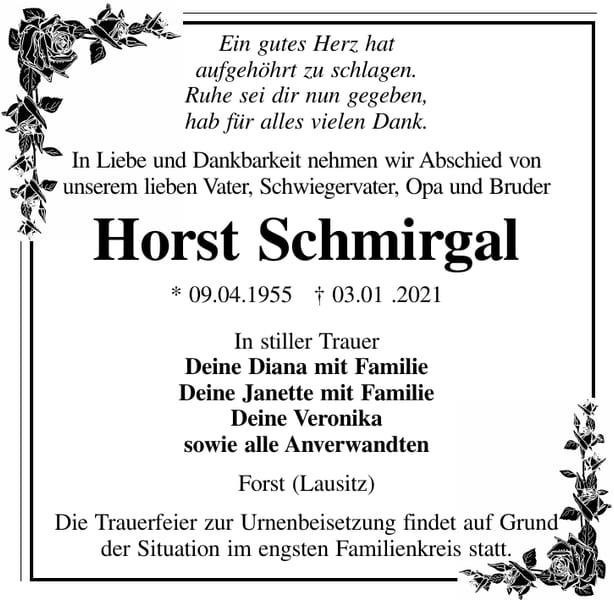 Traueranzeige Horst Schmirgal