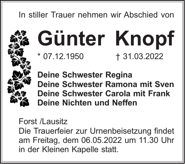 Traueranzeige Günter Knopf