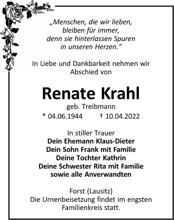 Traueranzeige Renate Krahl, geb. Treibmann