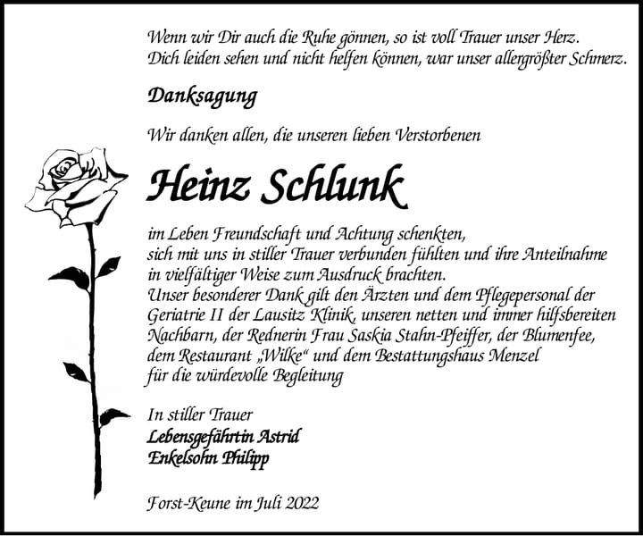 Danksagung Heinz Schlunk