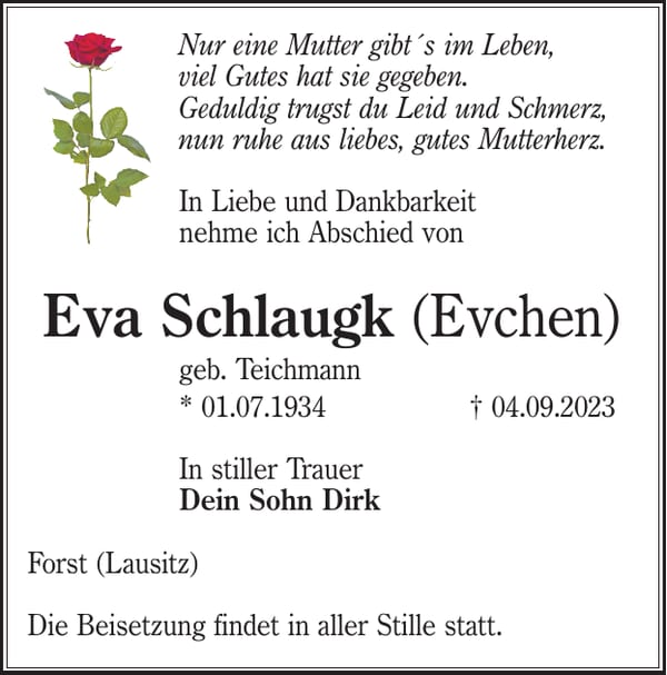 Traueranzeige Eva Schlaugk (Evchen), geb. Teichmann
