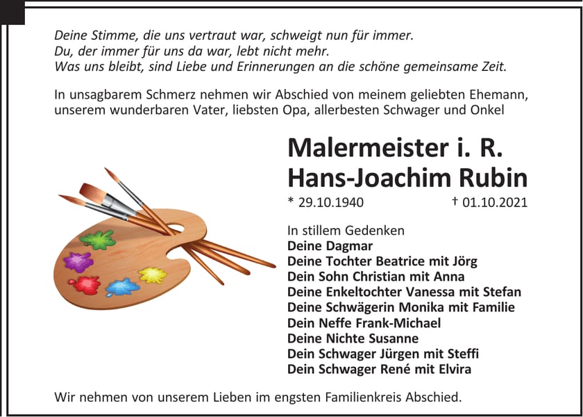 Traueranzeige Hans-Joachim Rubin