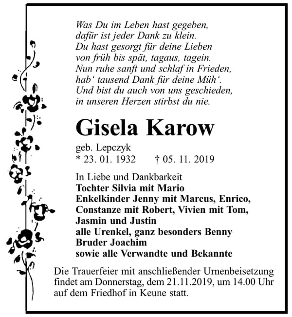 Traueranzeige Gisela Karow, geb. Lepczyk