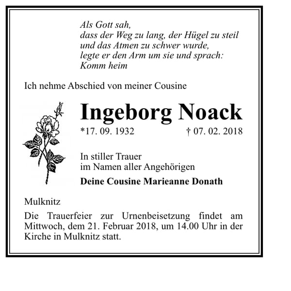 Traueranzeige Ingeborg Noack