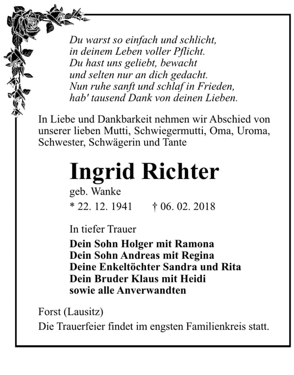 Traueranzeige Ingrid Richter, geb. Wanke