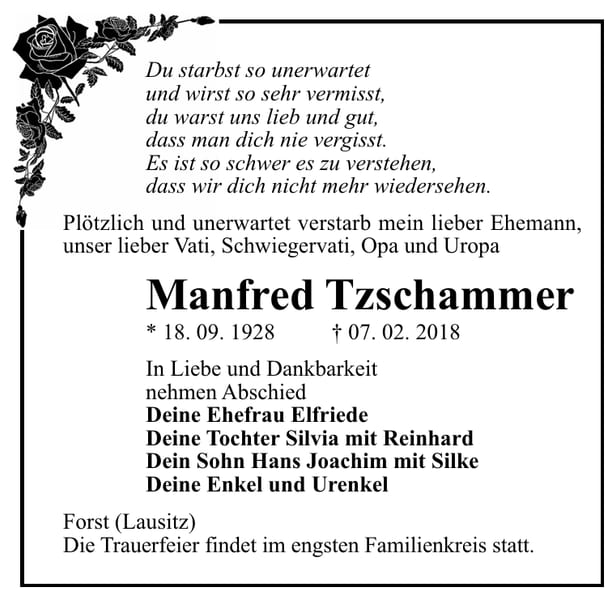 Traueranzeige Manfred Tzschammer