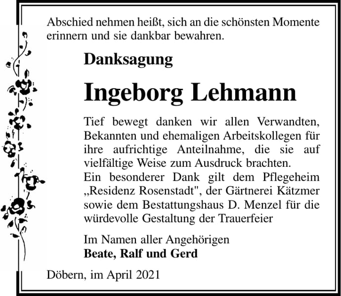 Danksagung Ingeborg Lehmann