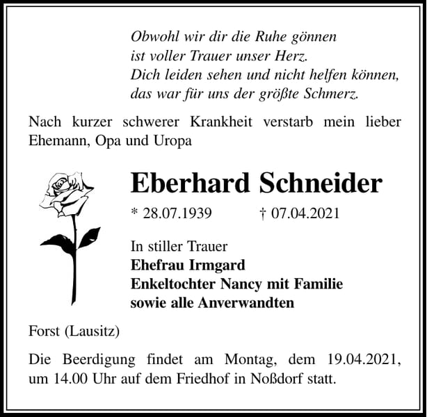Traueranzeige Eberhard Schneider