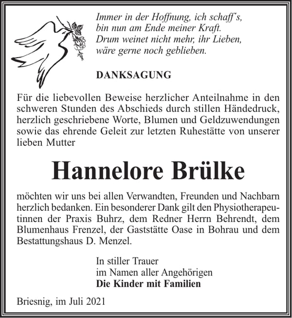 Danksagung Hannelore Brülke