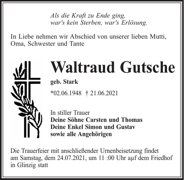 Traueranzeige Waltraud Gutsche, geb. Stark