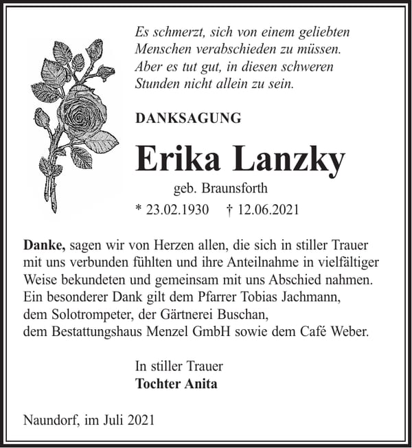 Danksagung Erika Lanzky, geb. Braunsforth