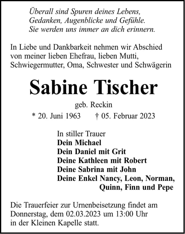 Traueranzeige Sabine Tischer, geb. Reckin
