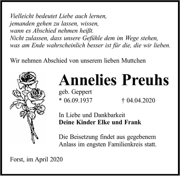 Traueranzeige Annelies Preuhs, geb. Geppert