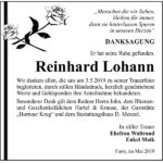 Danksagung Reinhard Lohann