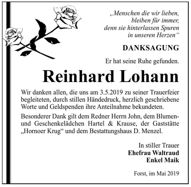 Danksagung Reinhard Lohann
