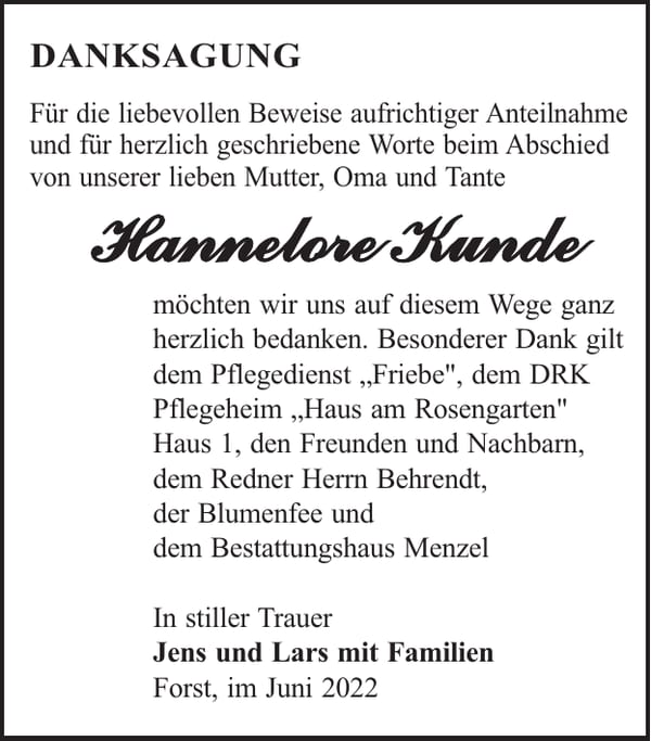 Danksagung Hannelore Kunde