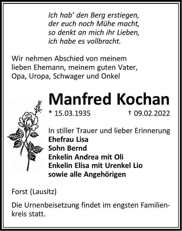 Traueranzeige Manfred Kochan