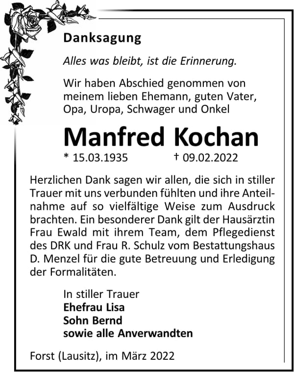 Danksagung Manfred Kochan