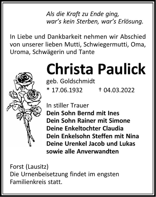 Traueranzeige Christa Paulick, geb. Goldschmidt