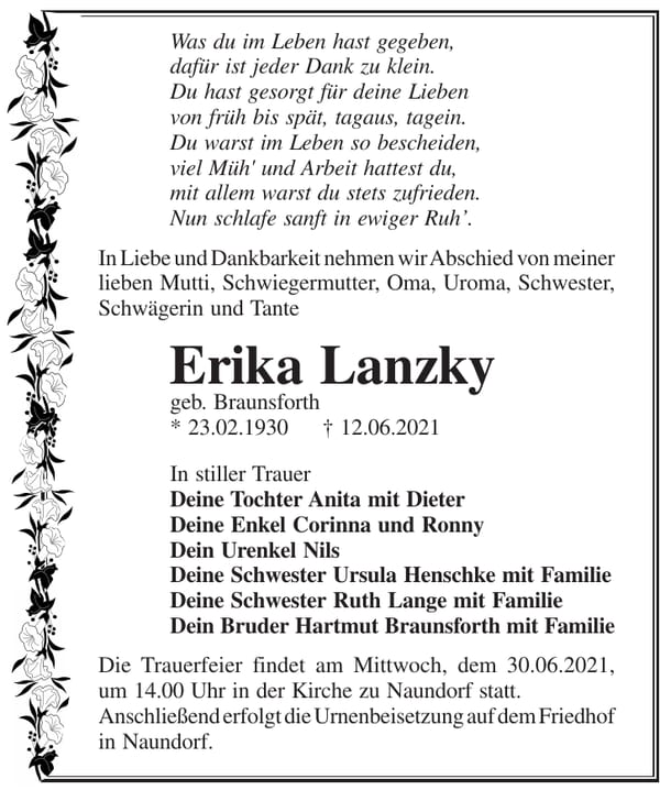 Traueranzeige Erika Lanzky, geb. Braunsforth