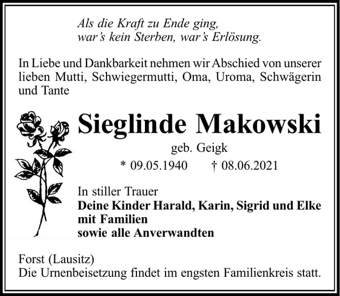 Traueranzeige Sieglinde Makowski, geb. Geigk