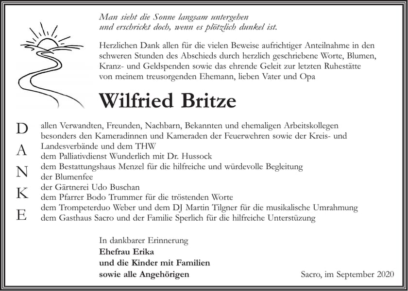 Danksagung Wilfried Britze