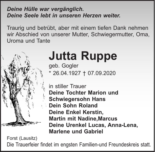 Traueranzeige Jutta Ruppe, geb. Gogler