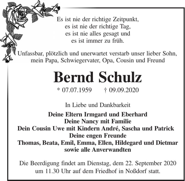 Traueranzeige Bernd Schulz