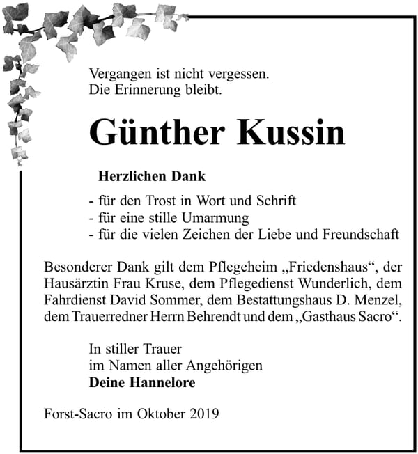 Danksagung Günther Kussin