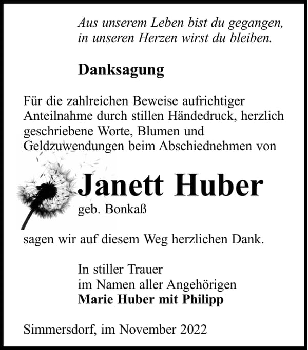 Danksagung Janett Huber, geb. Bonkaß