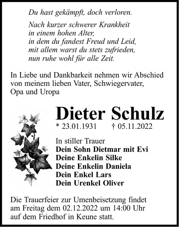 Traueranzeige Dieter Schulz