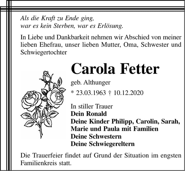 Traueranzeige Carola Fetter, geb. Althunger