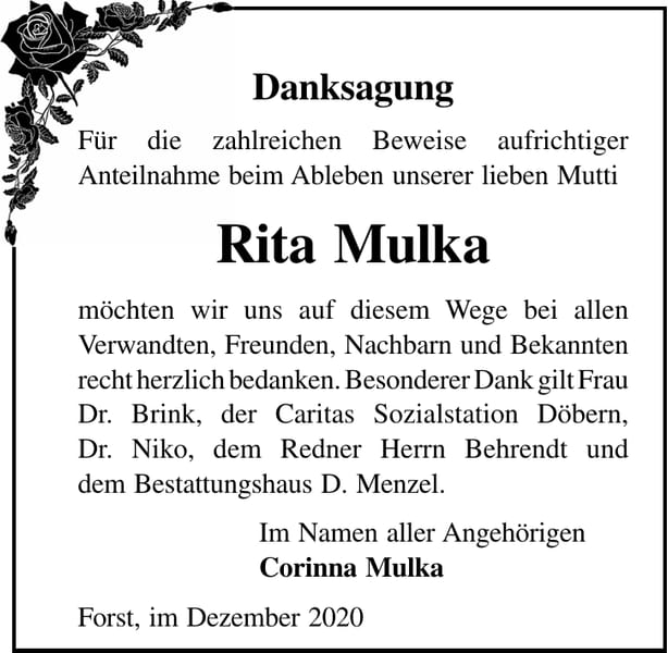 Danksagung Rita Mulka