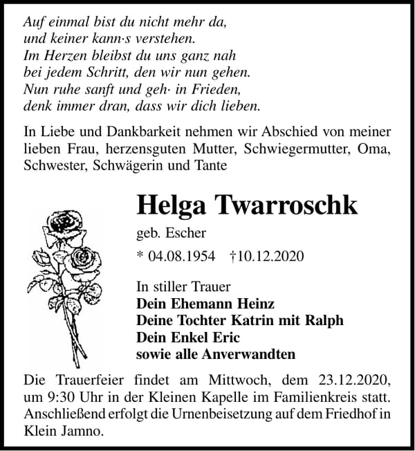 Traueranzeige Helga Twarroschk, geb. Escher