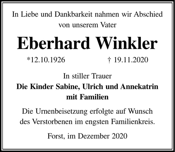 Traueranzeige Eberhard Winkler