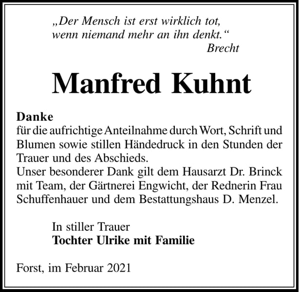 Danksagung Manfred Kuhnt