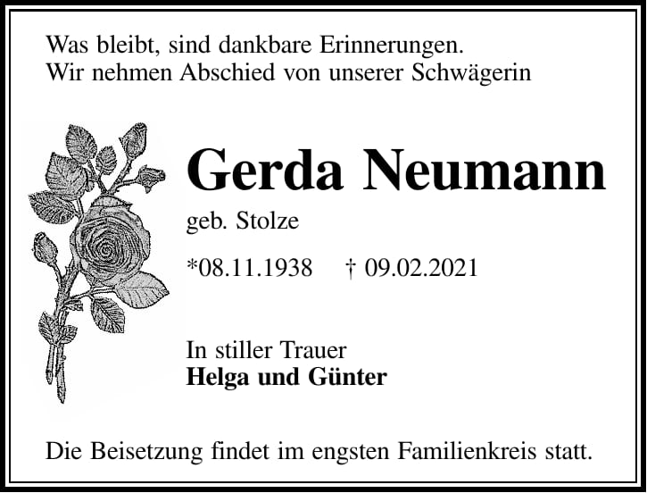 Traueranzeige Gerda Neumann, geb. Stolze